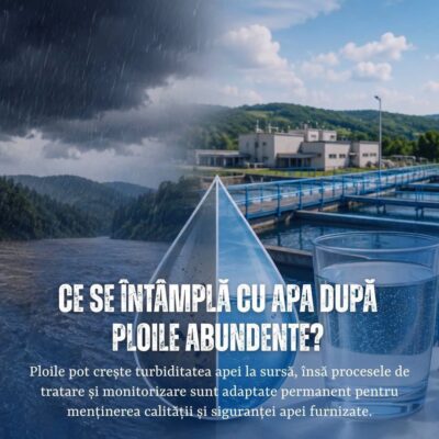 Ploile abundente pot crește turbiditatea apei brute, însă apa livrată consumatorilor rămâne sigură